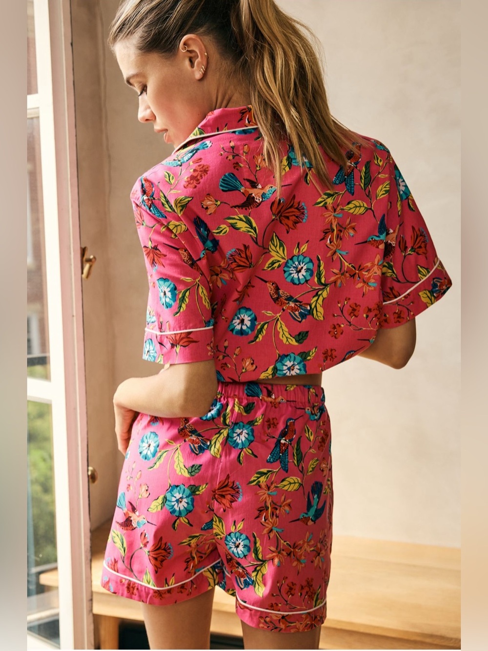 Anthropologie Printfresh Colorful Hummingbird Haven Short-sleeve PJ Set, Size XL